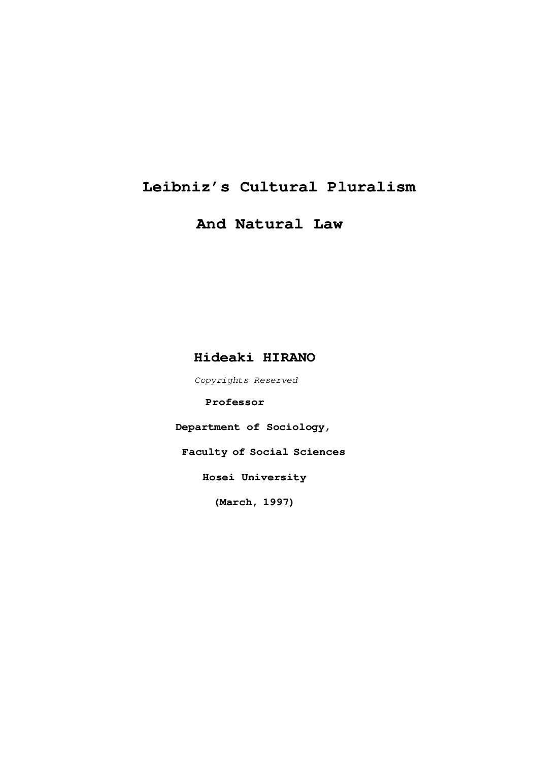 Leibniz Cultural Pluralism and Natural Law