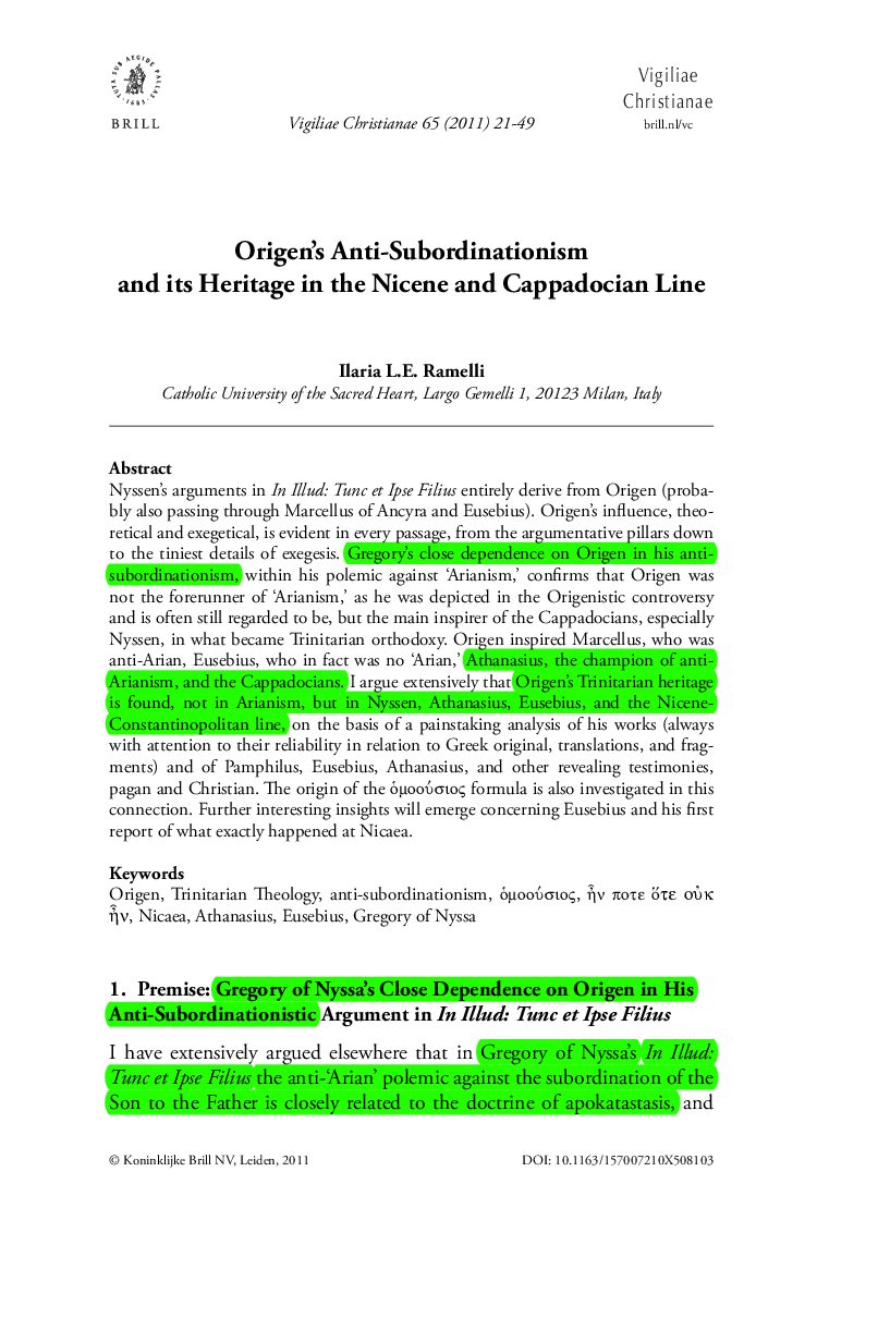 Origen’s Anti Subordinationism and Its Haeritage in