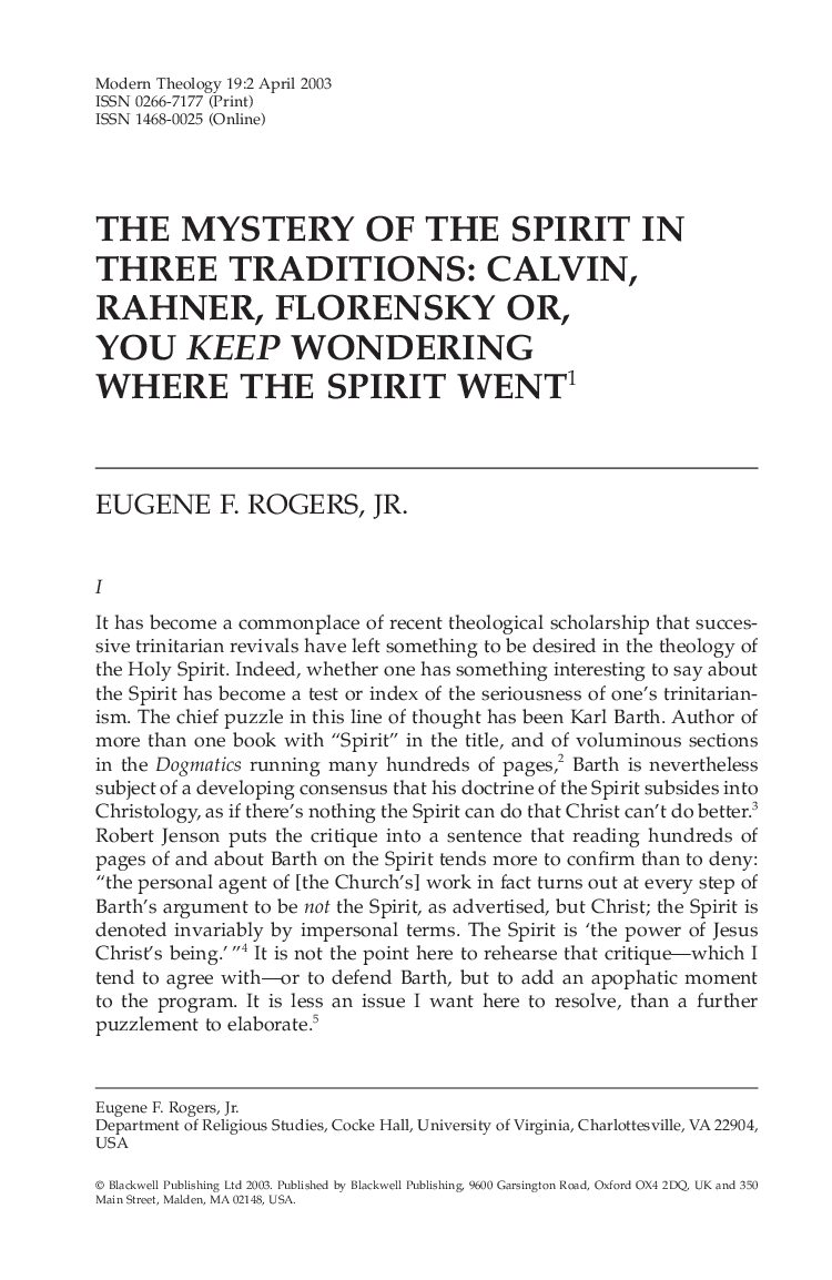 Rogers, Eugene F.-(art) The Mystery of The Spirit Calvin
