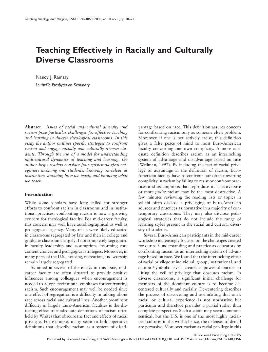 Teaching Effectively in Racially and Culturally Diverse Classrroms. NJRamsay
