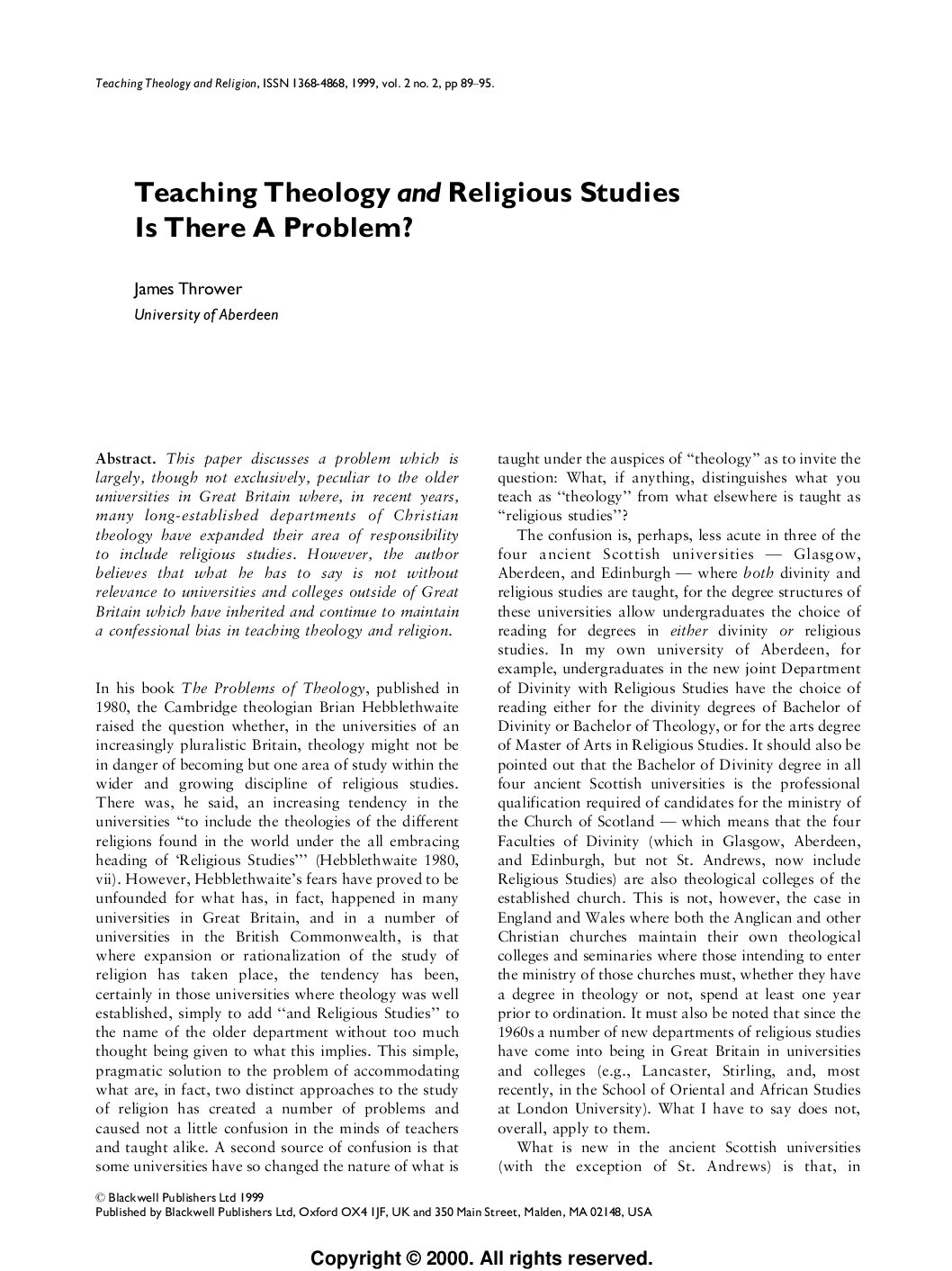 Teaching Theology and Religious Studies. Is There a Problem. JThrower