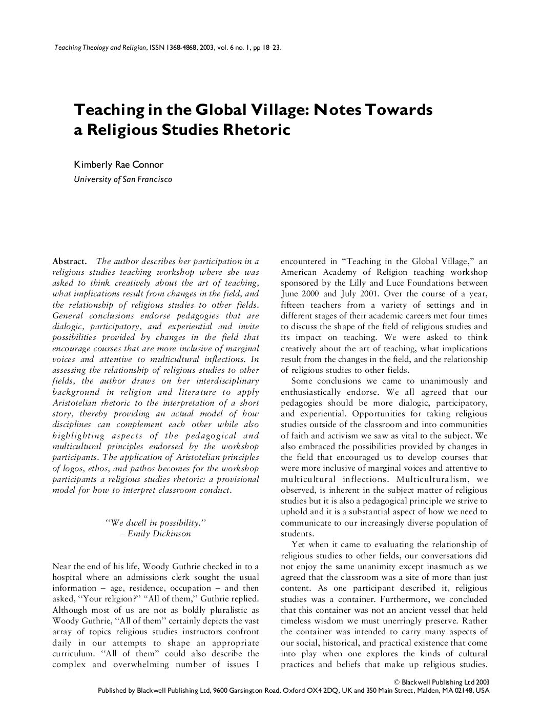 Teaching in the Global Village. Notes Towards a Religious Studies Rhetoric. KRConnor