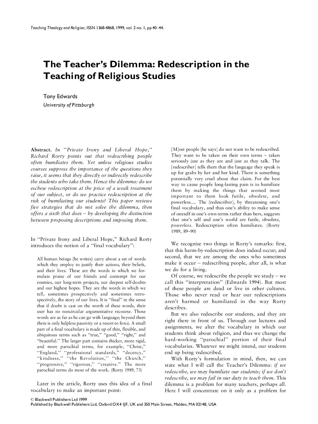 The Teacher’s Dilemma: Redescription in the Teaching of Religious Studies