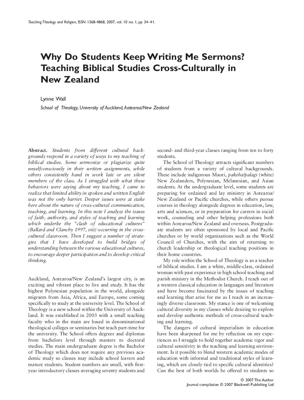 Why Do Students Keep Writing Me Sermons? Teaching Biblical Studies Cross-Culturally in New Zealand