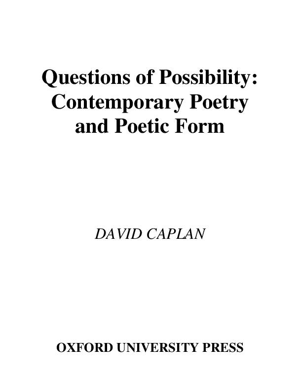Caplan - Questions of Possibility ~ Contemporary Poetry and Poetic Form