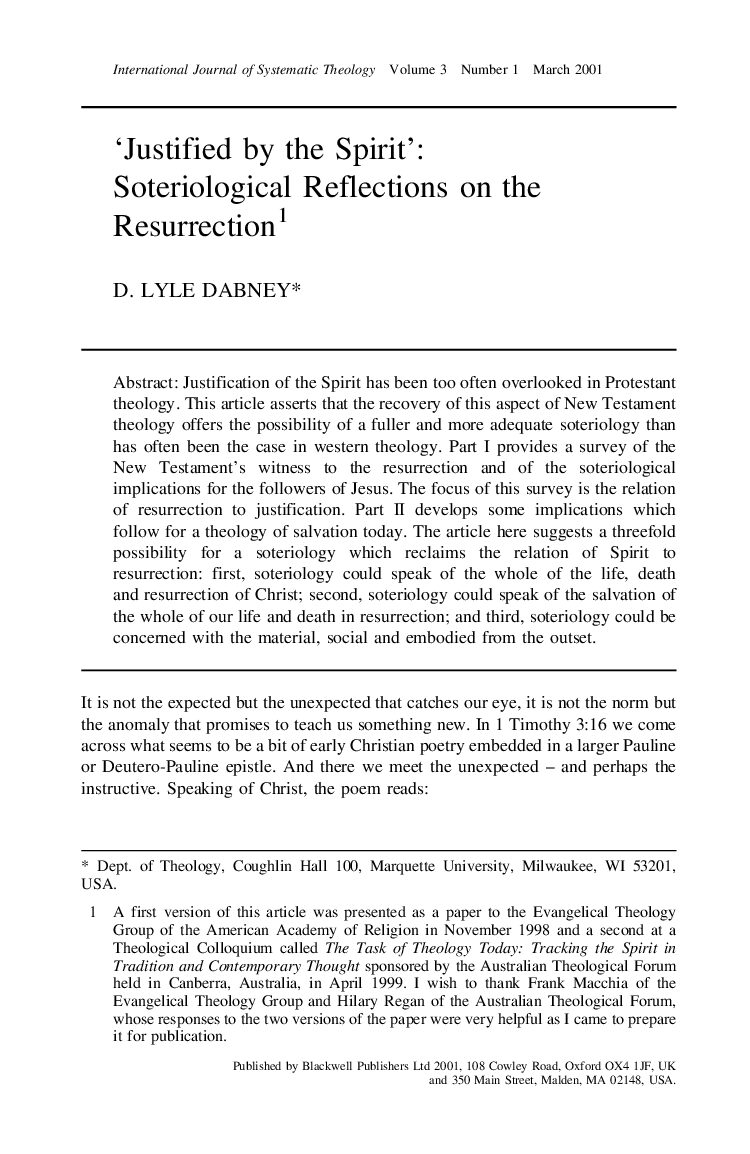 Dabne Lyleart Justified by the Spirit Soteriological Reflection on the Resurrection