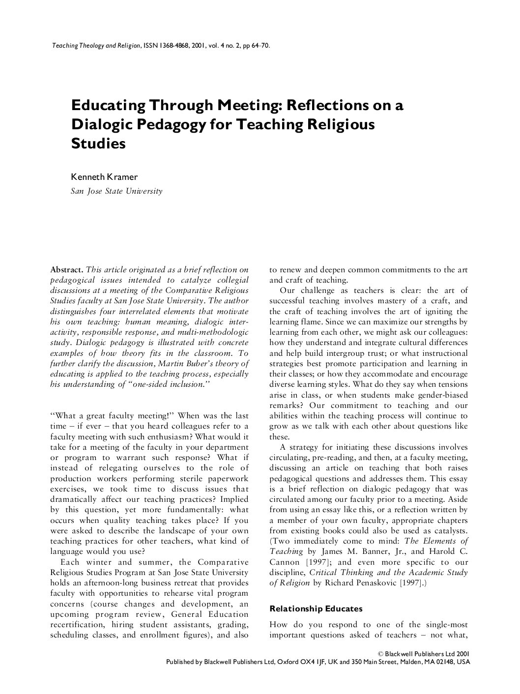 Educating through Meeting. Reflections on a Dialogic Pedagogy for Teaching Religious Studies. KKramer