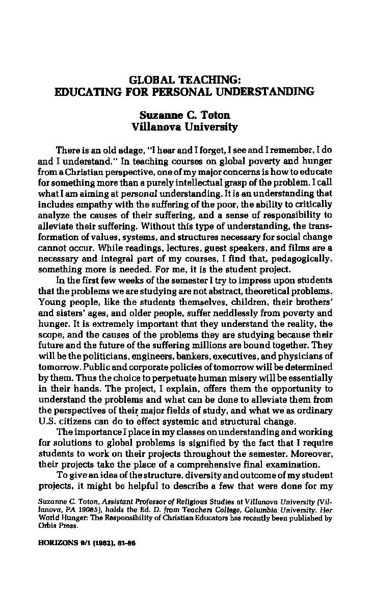 Global Teaching. Educating for Personal Understanding. SCToton