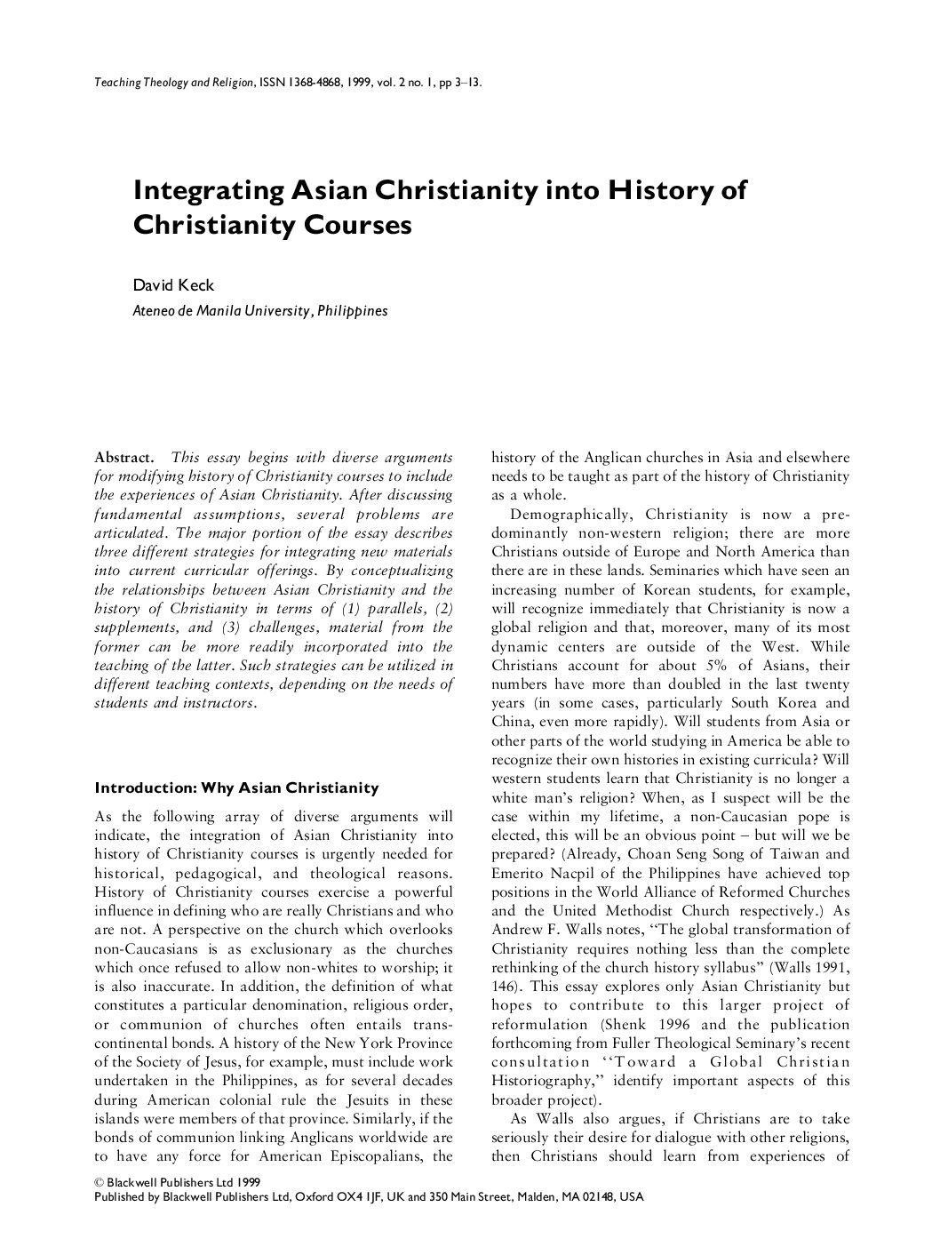 Integrating Asian Christianity into History of Christianity Courses. David Keck